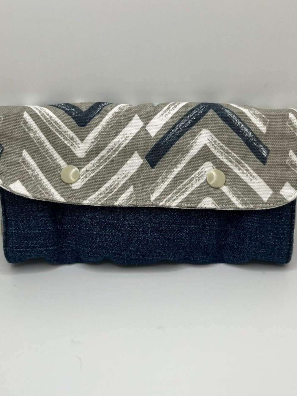 Chic Handmade Wallet with snap closure zipper pockets Chevron and denim gray
